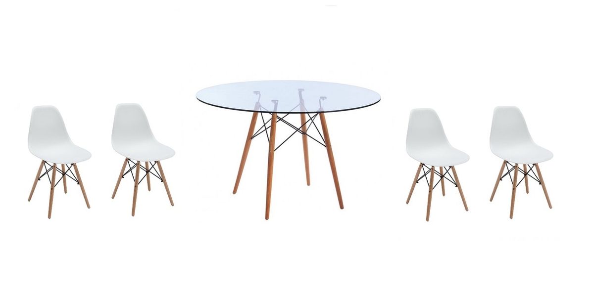 5 Piece Glass Table and White Wooden Leg Chairs (Set)