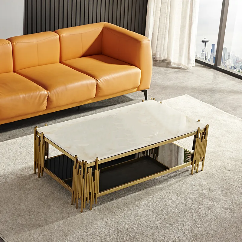 Coffee Tables - Rectangular Faux Marble Top with Steel Frame