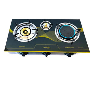 3-Burner Tempered Glass Panel Gas Stove with Heat Distribution Plate