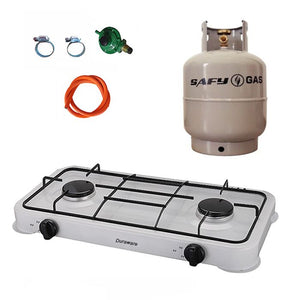 White 2 Plate Gas Stove with Fittings and Gas Cylinder - 5kg