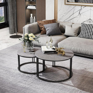 Coffee Tables - Nesting Set - Grey Faux Marble Top - Black Frame Colour