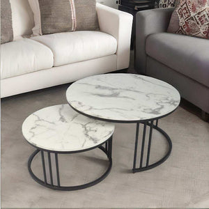 Coffee Tables - Nesting Set - Grey Faux Marble Top - Black Frame Colour