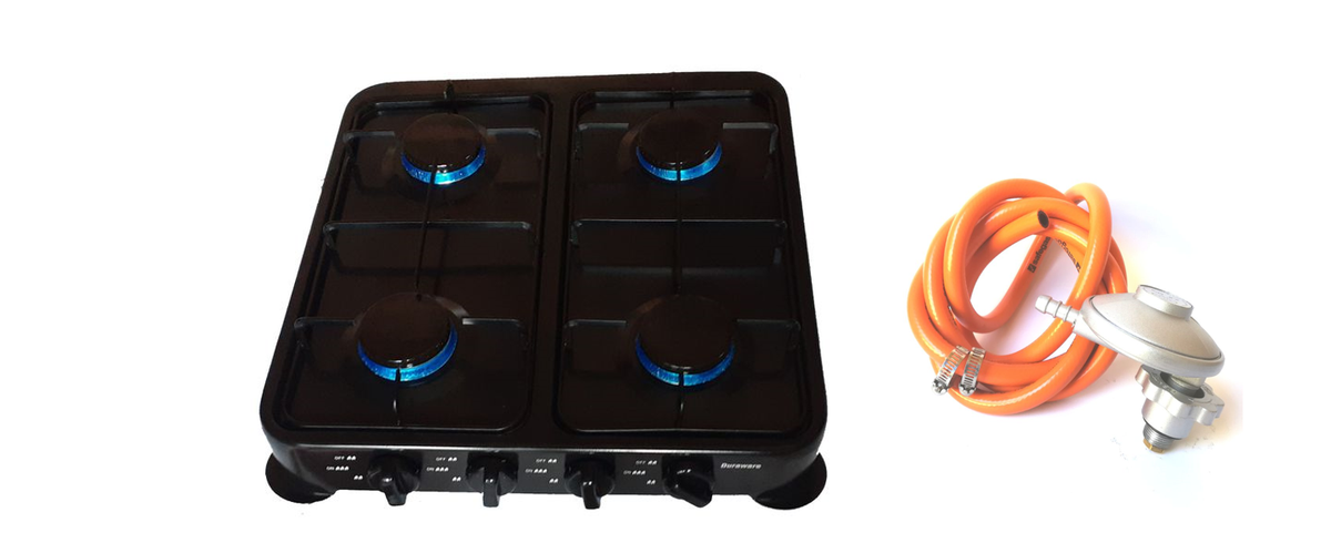 Black 4 Plate Gas Stove with Fittings for 7kg gas cylinder