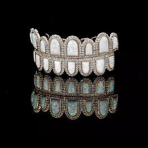 White Opal Design & CZ Iced Diamond Teeth Grillz