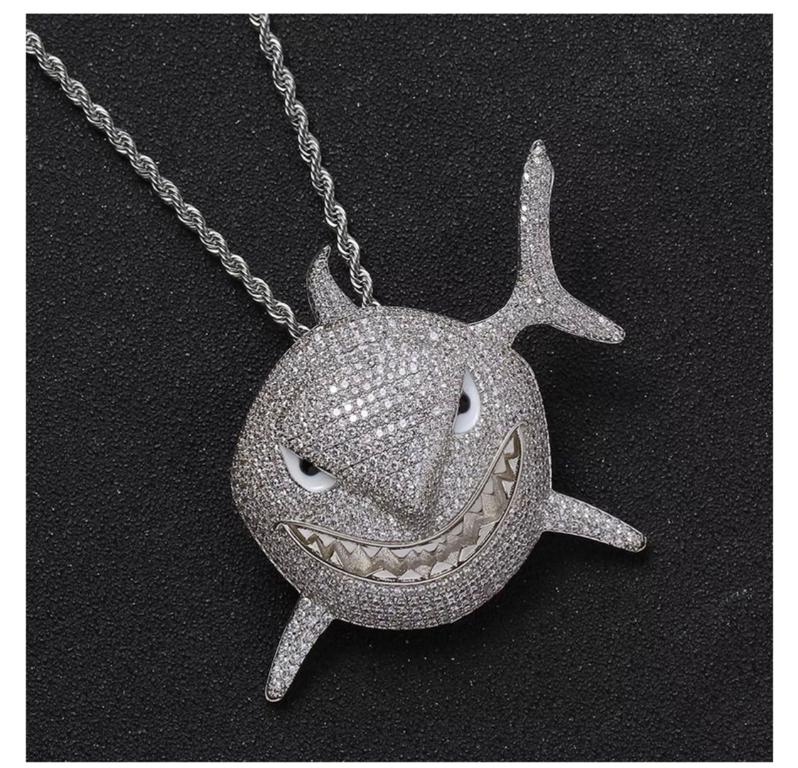 Iced CZ Shark Pendant with 20″ Rope Chain