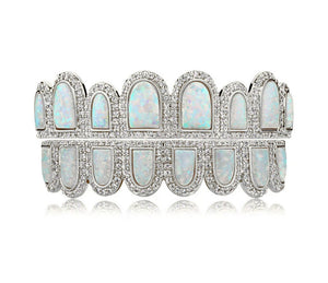 White Opal Design & CZ Iced Diamond Teeth Grillz