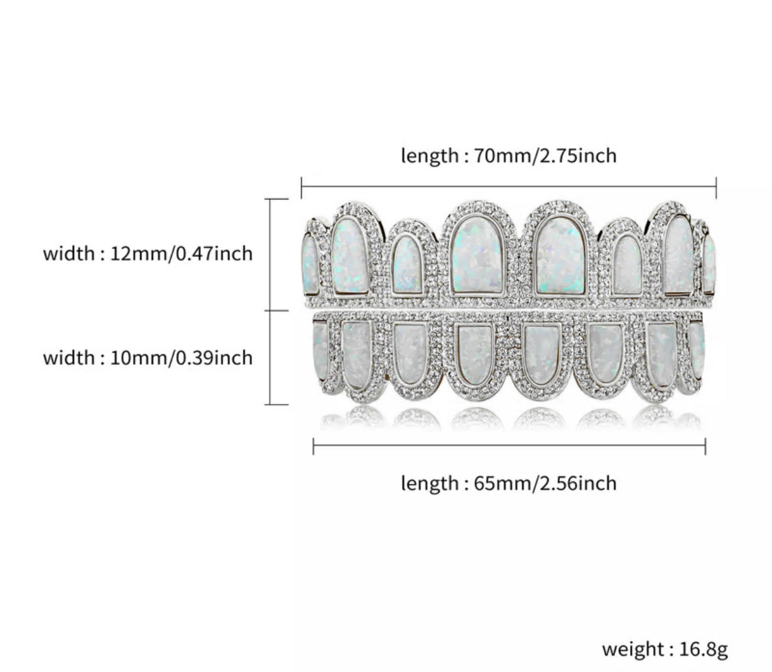 White Opal Design & CZ Iced Diamond Teeth Grillz