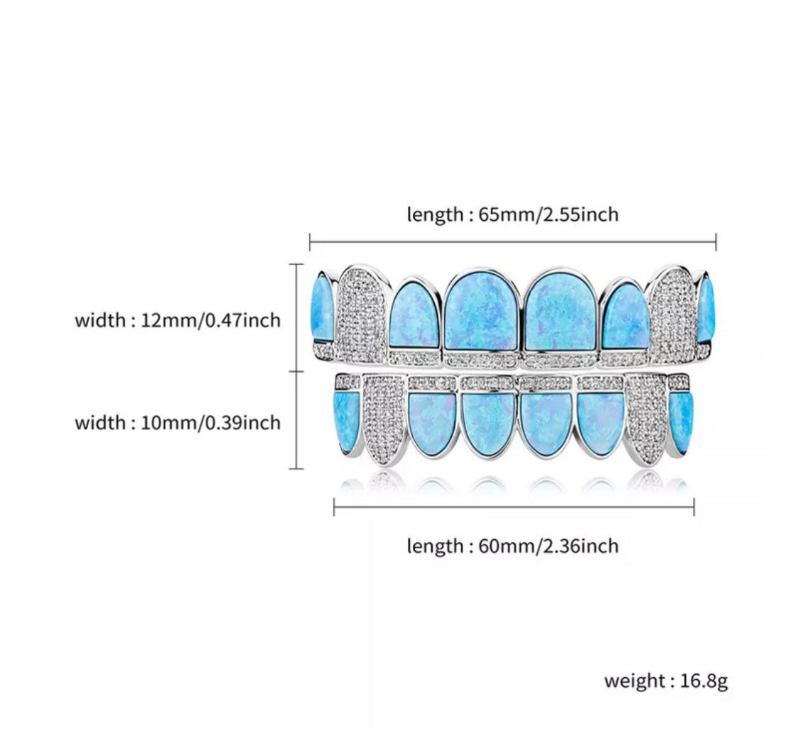 Blue Opal Design & CZ Iced Diamond Teeth Grillz