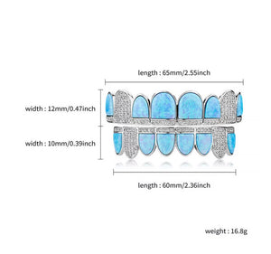 Blue Opal Design & CZ Iced Diamond Teeth Grillz