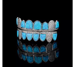 Blue Opal Design & CZ Iced Diamond Teeth Grillz