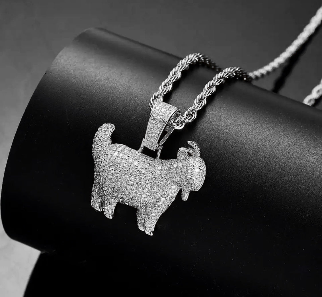 Iced CZ Diamond Goat Pendant and Rope Chain Set